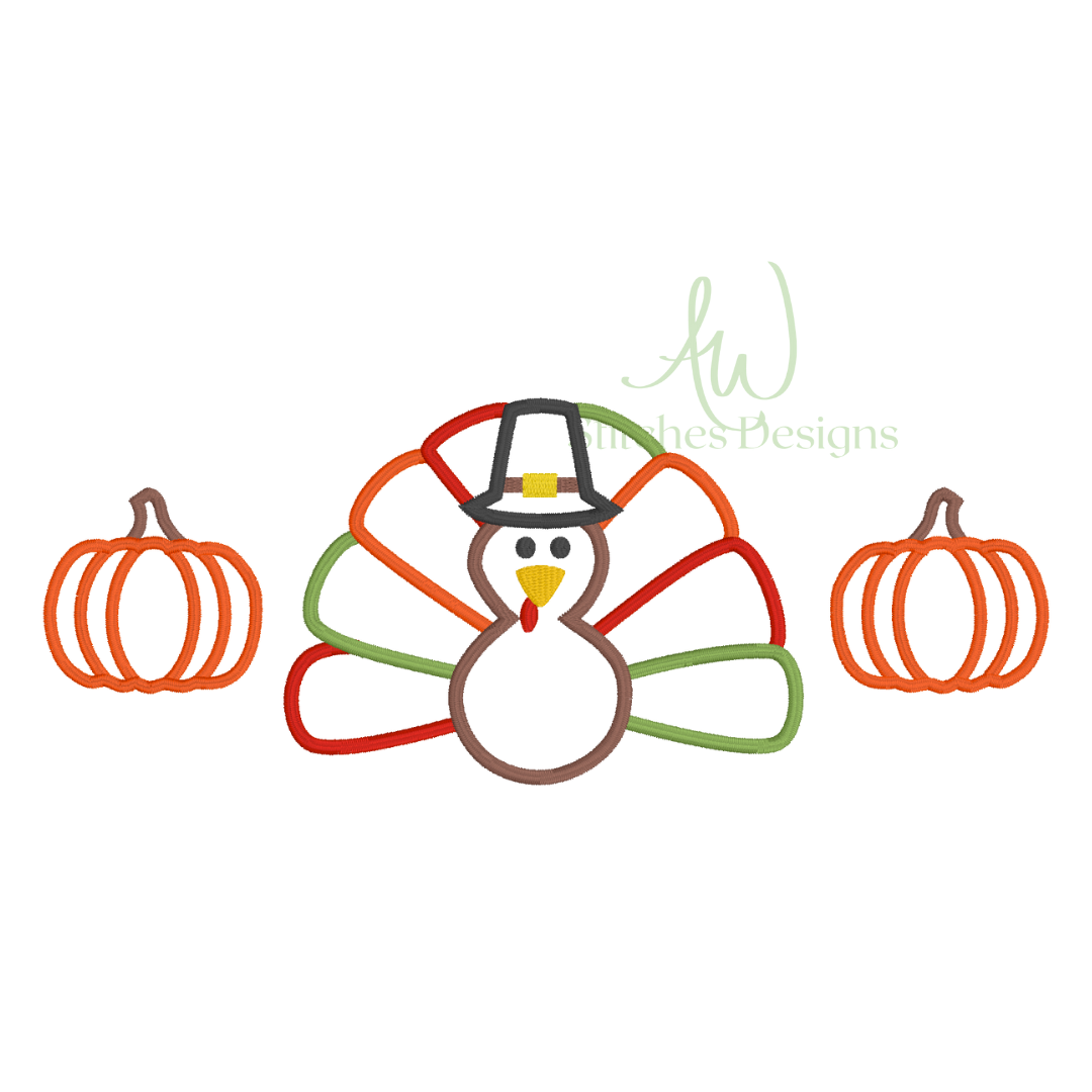 Turkey Pumpkin trio satin outline stitch machine embroidery design file