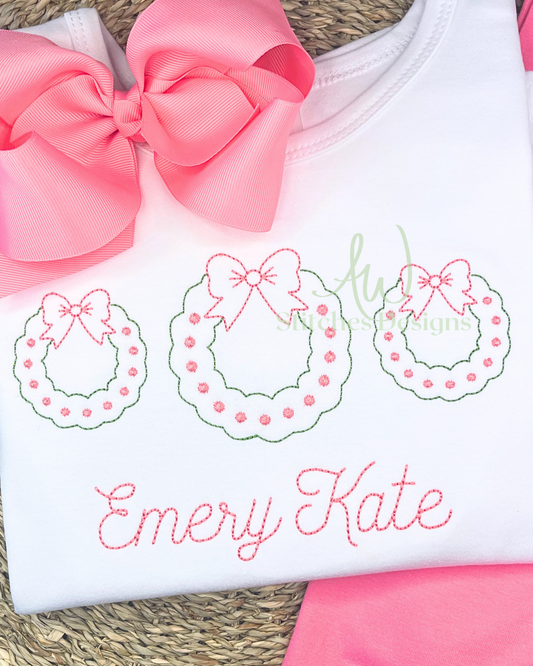 Christmas wreath trio with bow vintage bean stitch machine embroidery design file