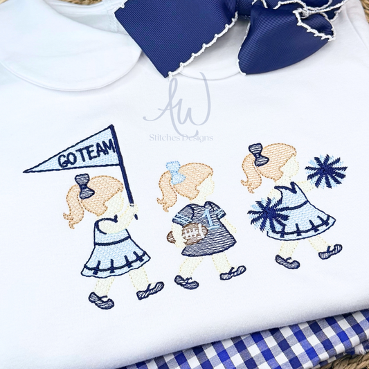 Close-up of sketch stitch cheerleader trio embroidery with football jersey and pom poms