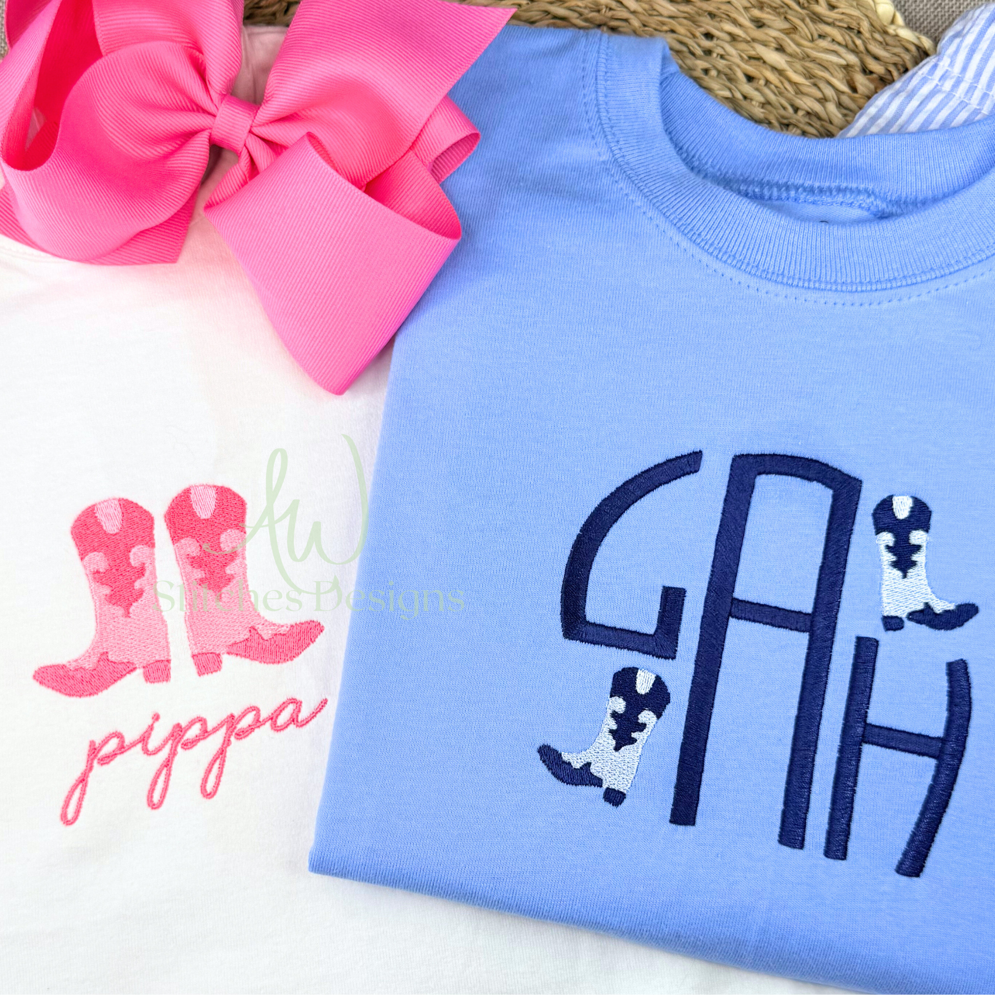 Blue shirt with 'GAH' and cartoon dog design, pink bow, and pink text on a white background