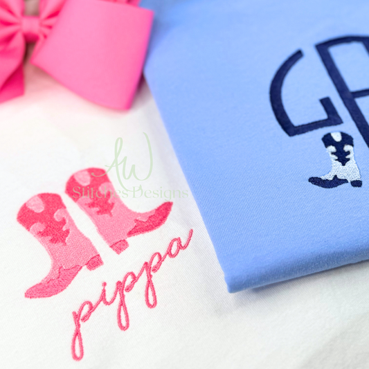 Embroidered items including a pink boot with 'pippa' text and a blue item with a monogram, on a white background.