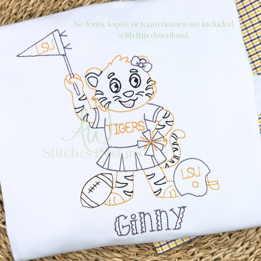 Vintage Tiger with Bow Football Embroidery Design