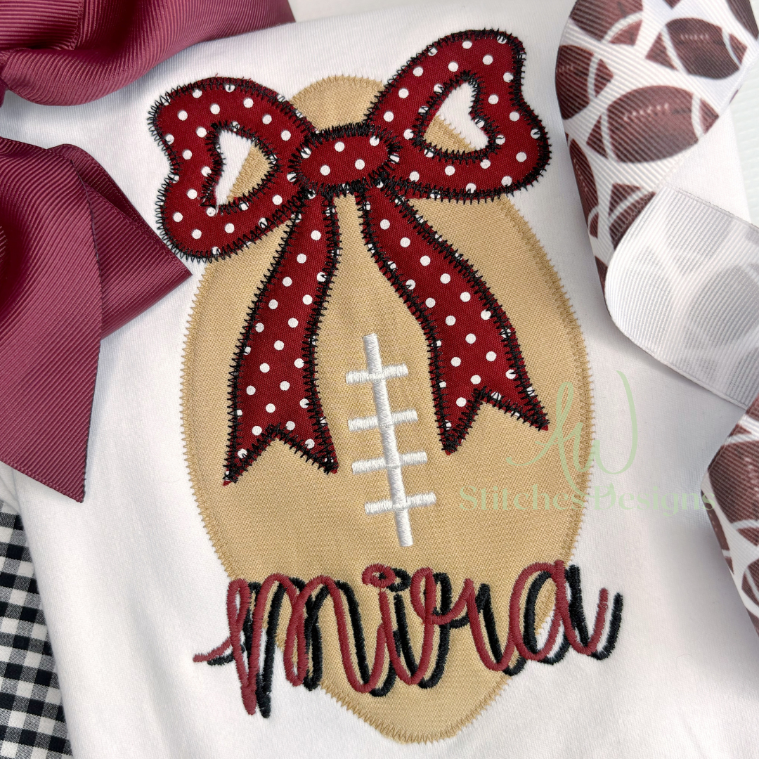 Football with bow zig zag applique machine embroidery design file