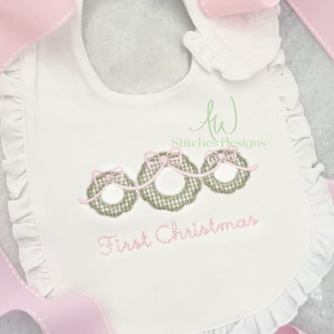 Christmas Wreath Embroidery with Bow Zig Zag Applique